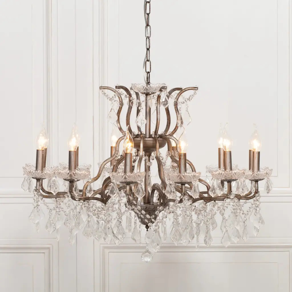 Antiqued Silver 12 Branch Shallow Cut Glass Chandelier