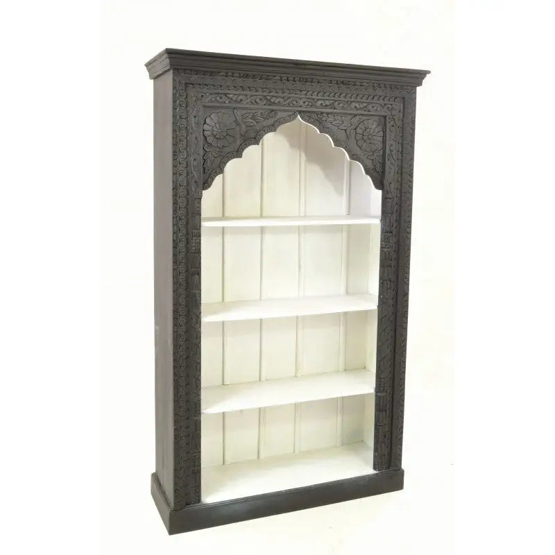 Carved Black and White Mango Wood Bookcase