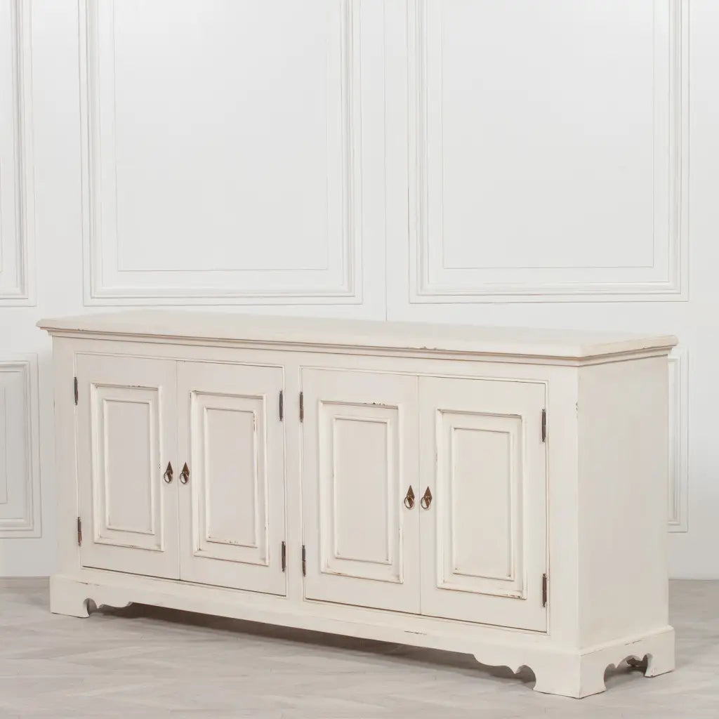 Distressed Aged White Brush Painted Classical Sideboard