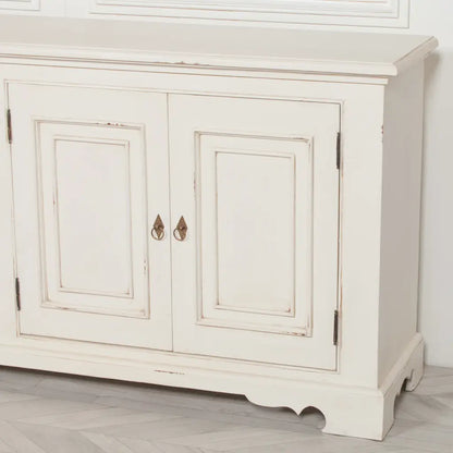 Distressed Aged White Brush Painted Classical Sideboard