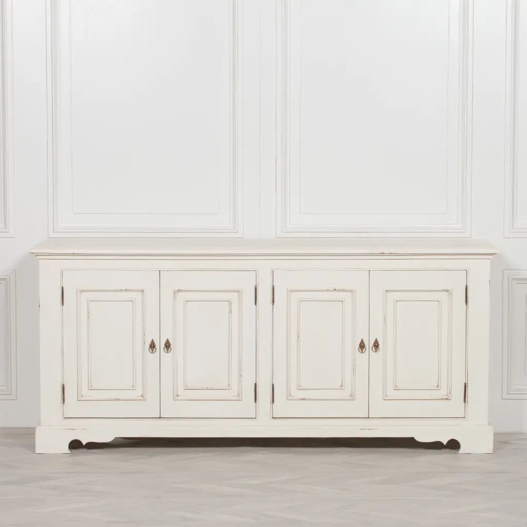 Distressed Aged White Brush Painted Classical Sideboard