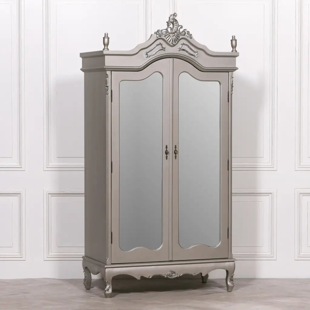 French Antique Silver Carved Double Mirrored Armoire/ Wardrobe