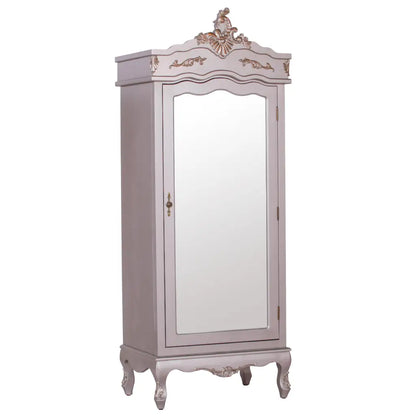 French Antique Silver Carved Single Mirrored Armoire/ Wardrobe