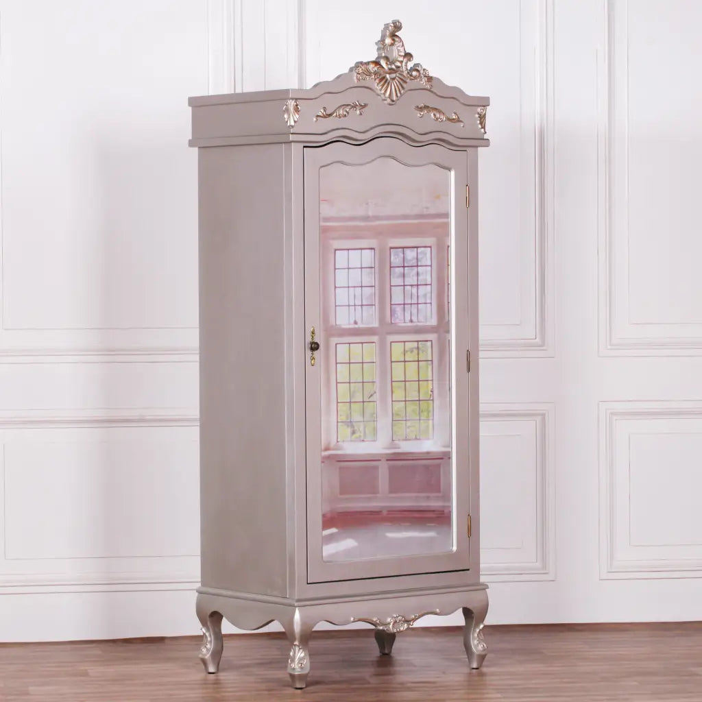 French Antique Silver Carved Single Mirrored Armoire/ Wardrobe