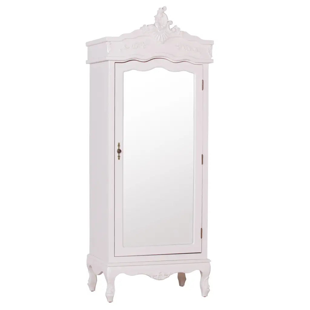 French Cream Single Door Armoire/ Wardrobe with Mirrored Door