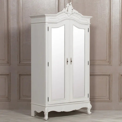 French Style White Carves Double Full Mirrored Armoire/ Wardrobe