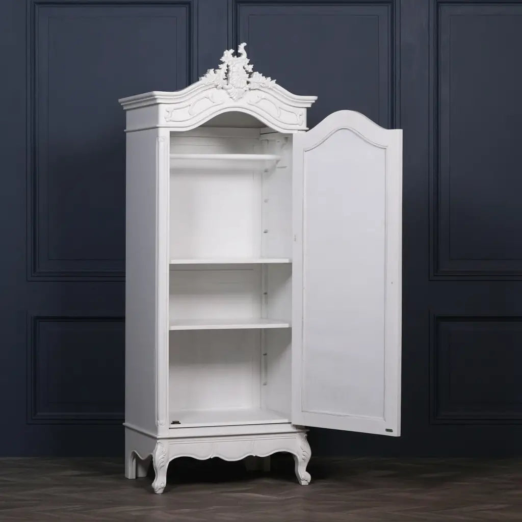 French White Carved Single Door Armoire/ Wardrobe with Mirrored Door