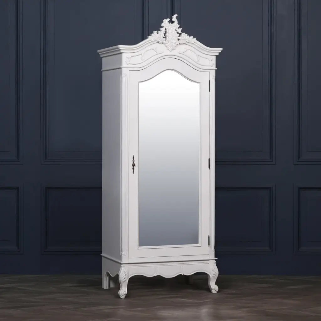 French White Carved Single Door Armoire/ Wardrobe with Mirrored Door