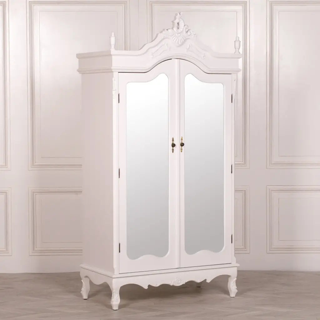 French White Double Mirrored Door Armoire/ Wardrobe