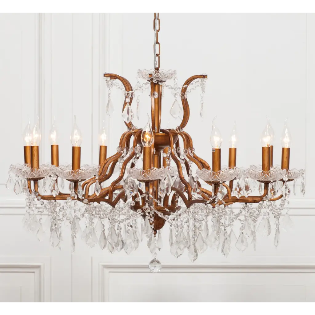 Gold 12 Branch Shallow Cut Glass Chandelier