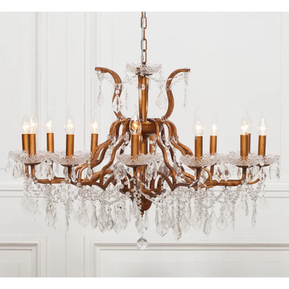 Gold 12 Branch Shallow Cut Glass Chandelier