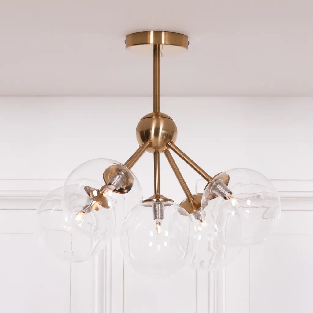 Gold Satin Art Deco 5 Arm Sputnik Glass Ball Ceiling Light