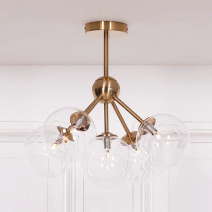 Gold Satin Art Deco 5 Arm Sputnik Glass Ball Ceiling Light