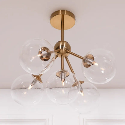 Gold Satin Art Deco 5 Arm Sputnik Glass Ball Ceiling Light