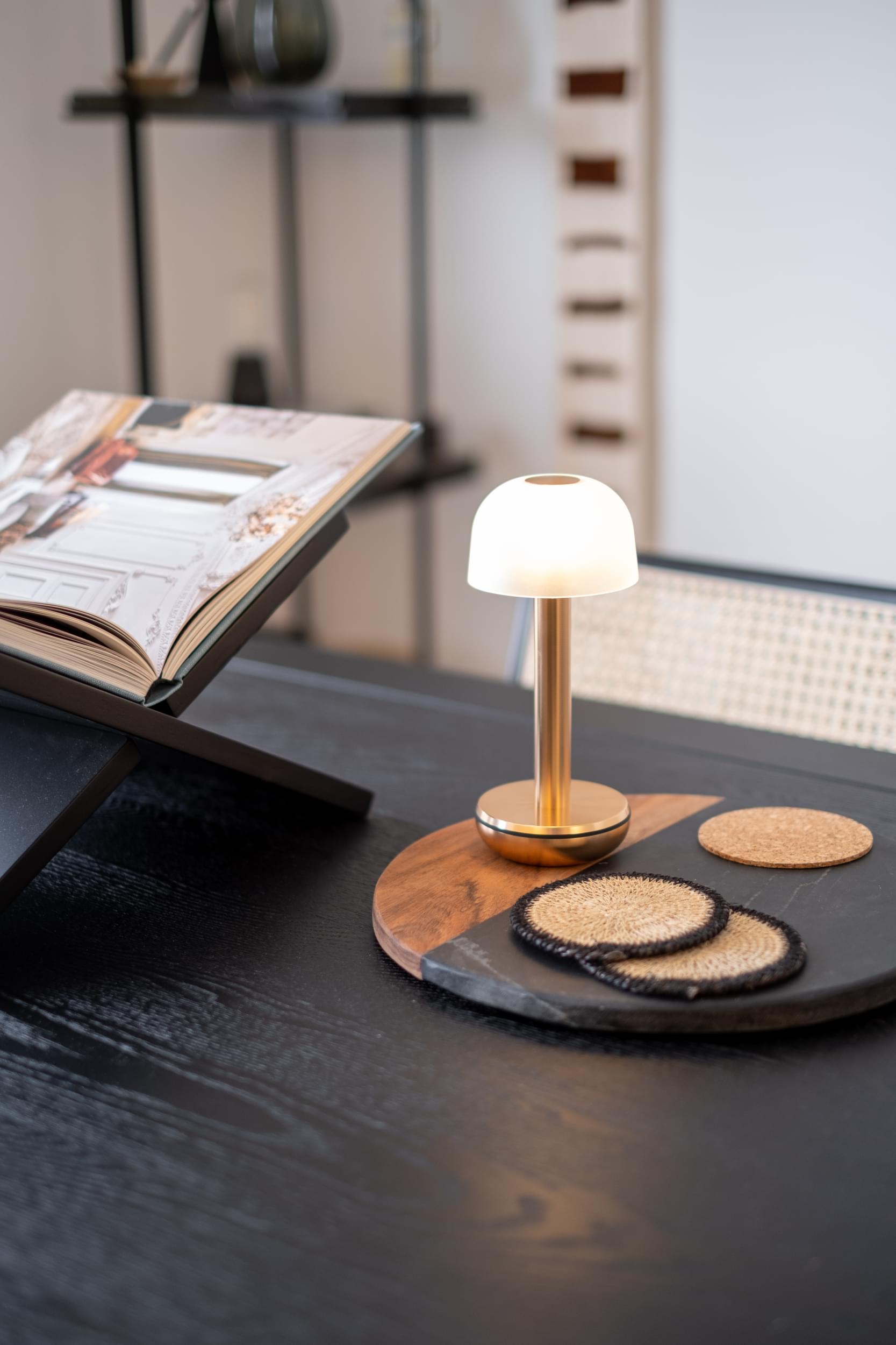 Humble Two Cable free Table Light in Gold with Frosted Glass