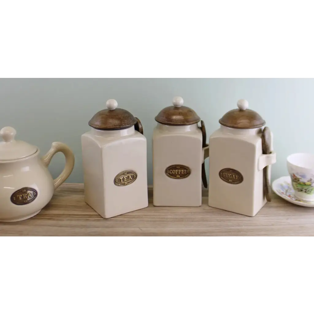 Large Tea, Coffee & Sugar Canisters With Spoons