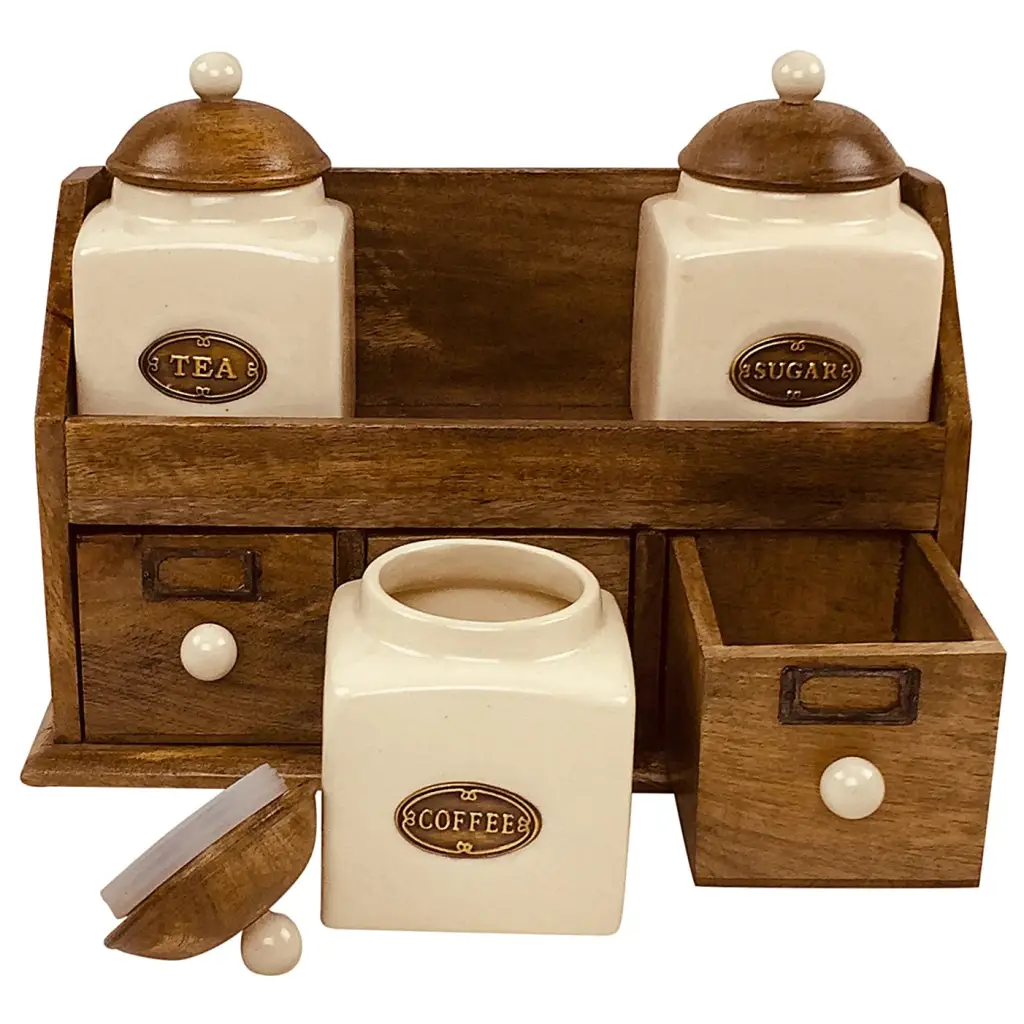 Three Ceramic Jars With Wooden Drawers