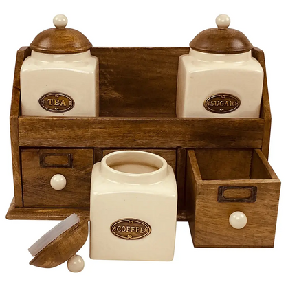 Three Ceramic Jars With Wooden Drawers