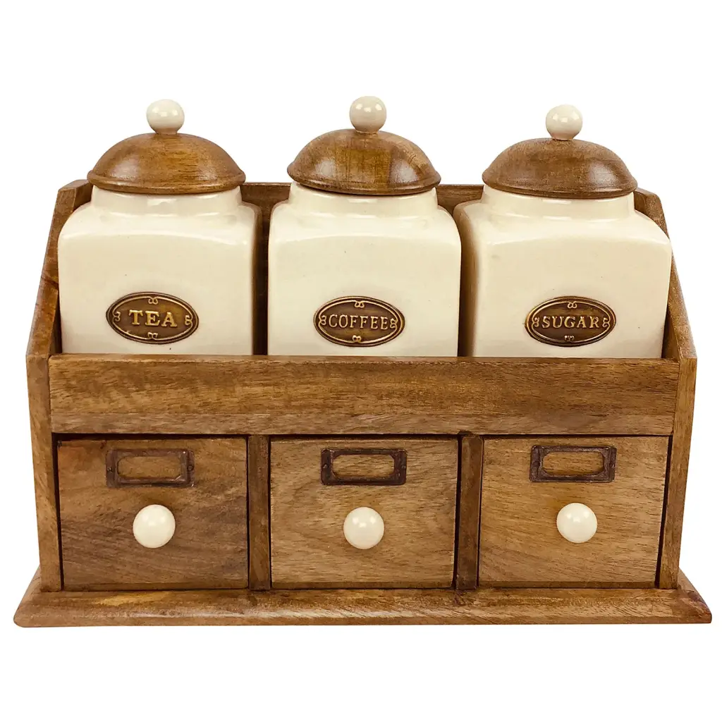 Three Ceramic Jars With Wooden Drawers