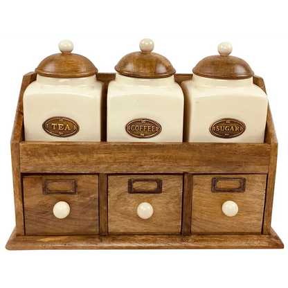 Three Ceramic Jars With Wooden Drawers