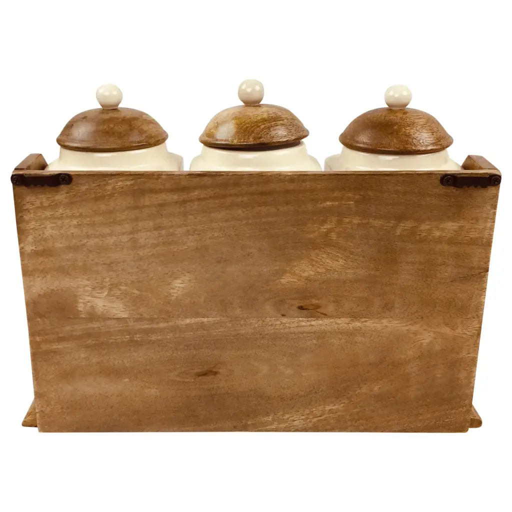 Three Ceramic Jars With Wooden Drawers