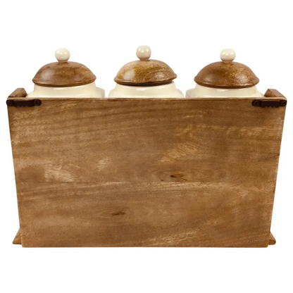 Three Ceramic Jars With Wooden Drawers