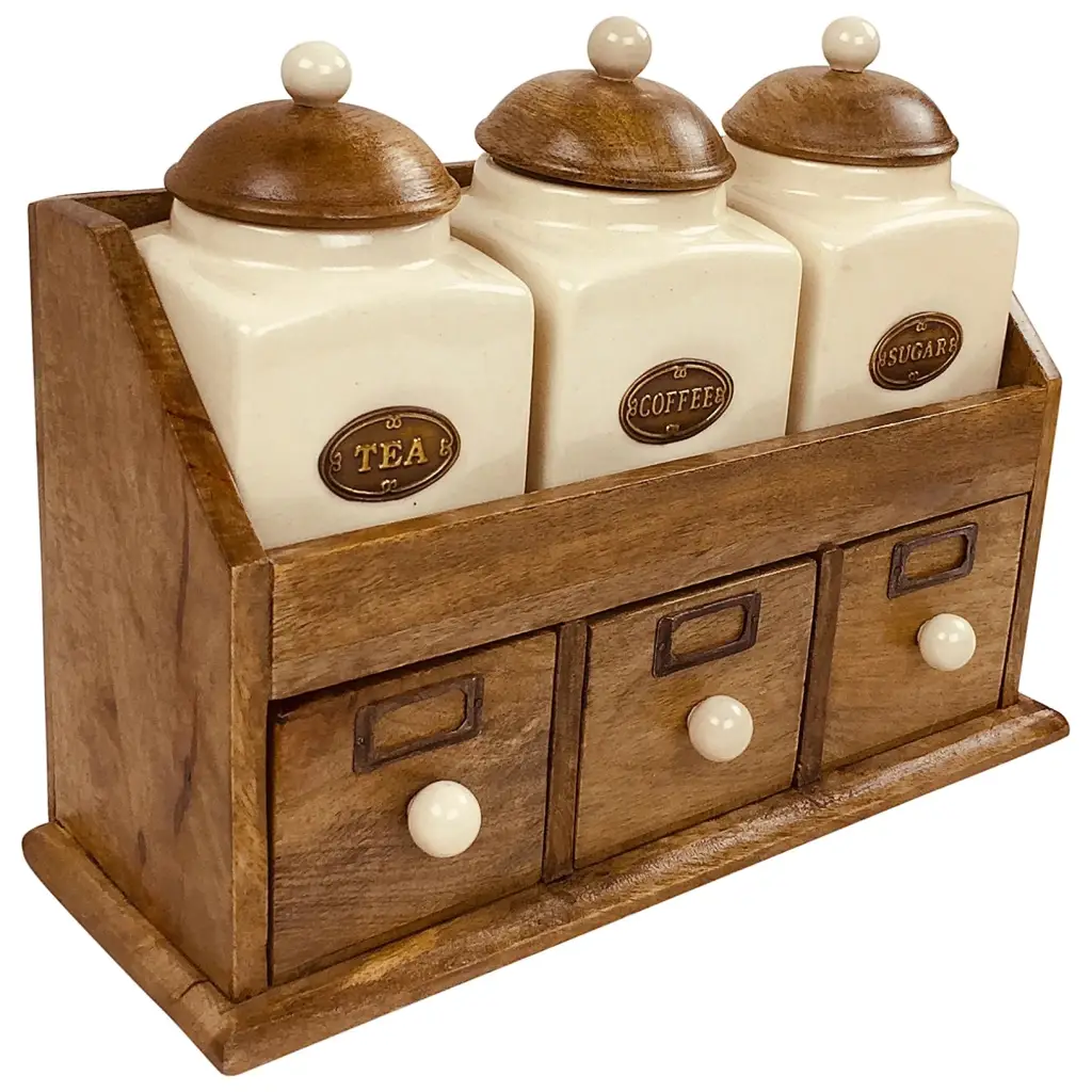 Three Ceramic Jars With Wooden Drawers