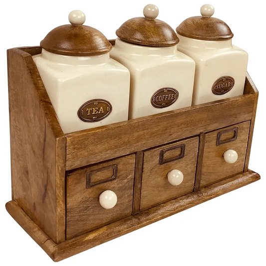 Three Ceramic Jars With Wooden Drawers