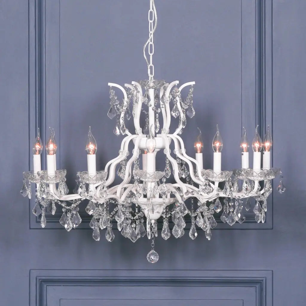 White 12 Branch Shallow Cut Glass Chandelier