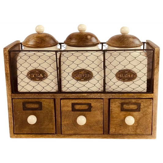 Wooden Cabinet With 3 Jars & Drawers