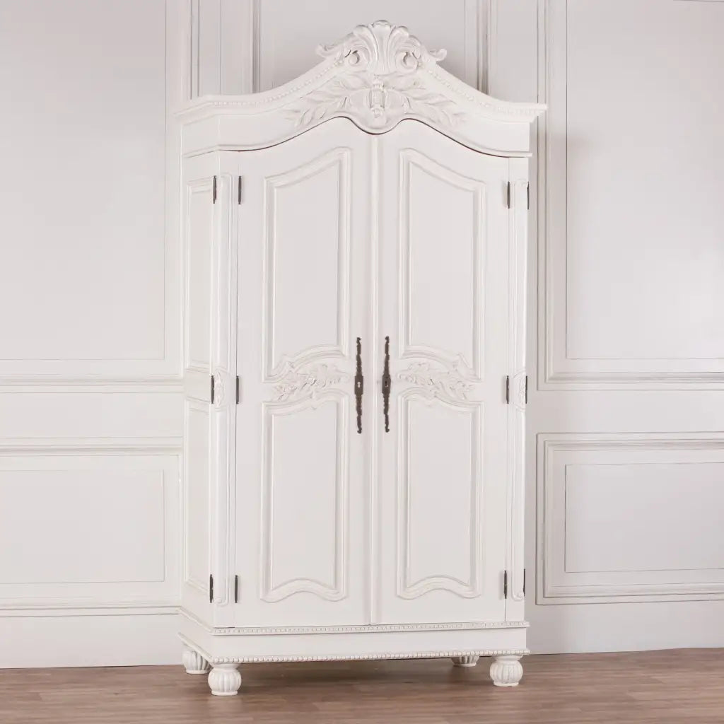 Wooden Carved French Chateau White Double Armoire/ Wardrobe