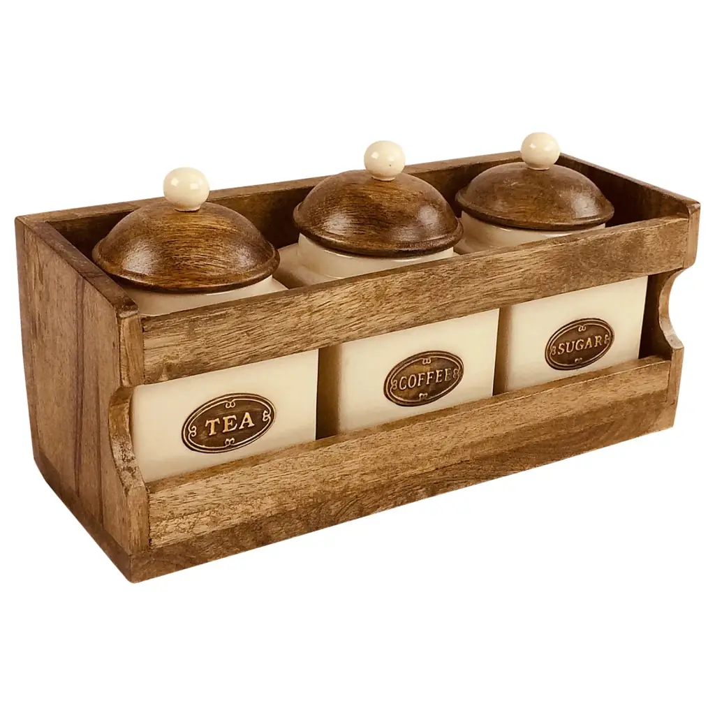 Wooden Rack with 3 Ceramic Jars