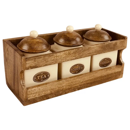 Wooden Rack with 3 Ceramic Jars