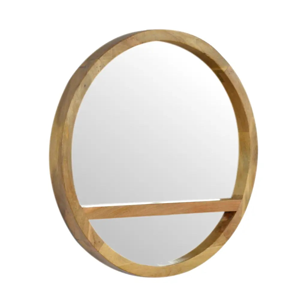 Wooden Round Mirror with 1 Shelf - Wall Mirror