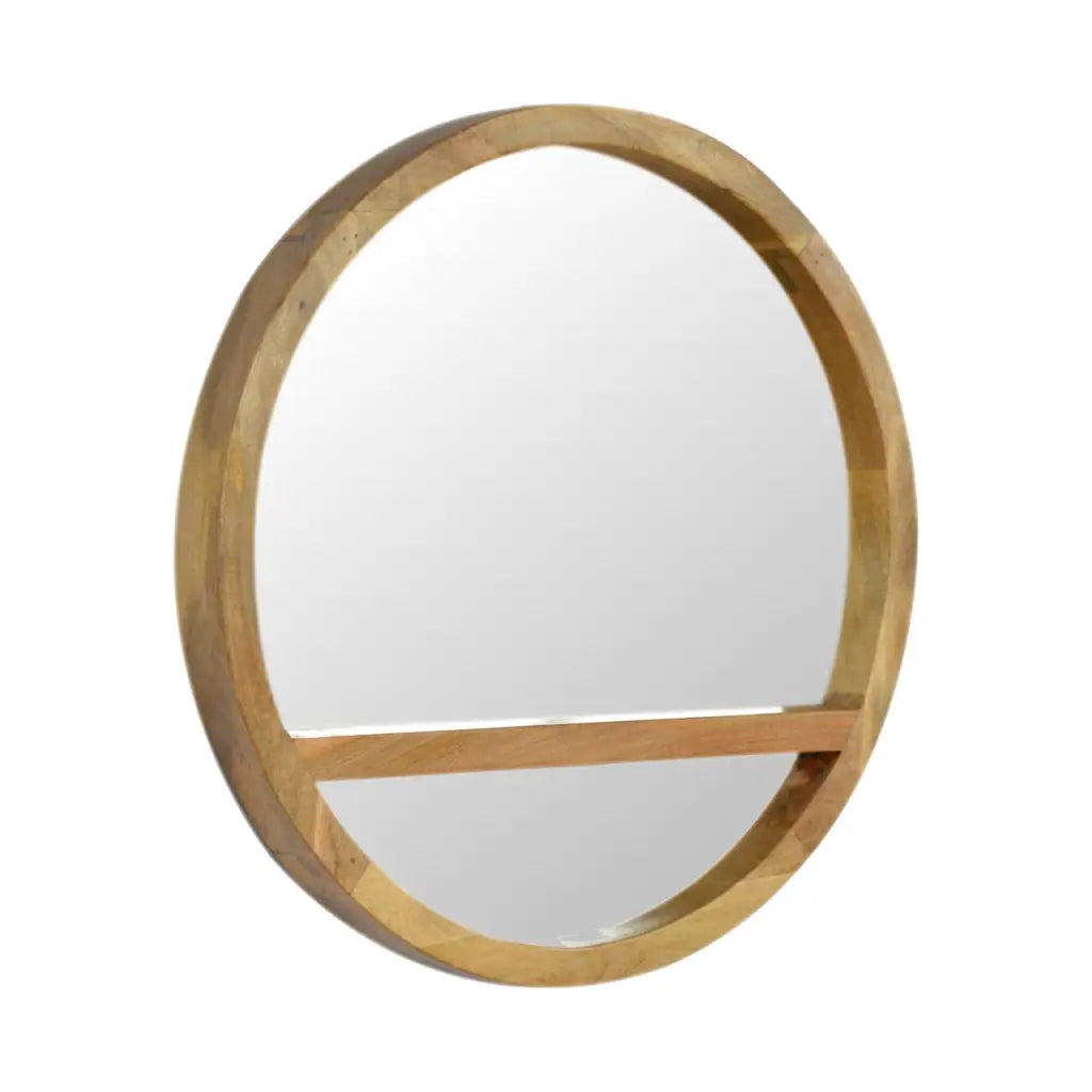 Wooden Round Mirror with 1 Shelf